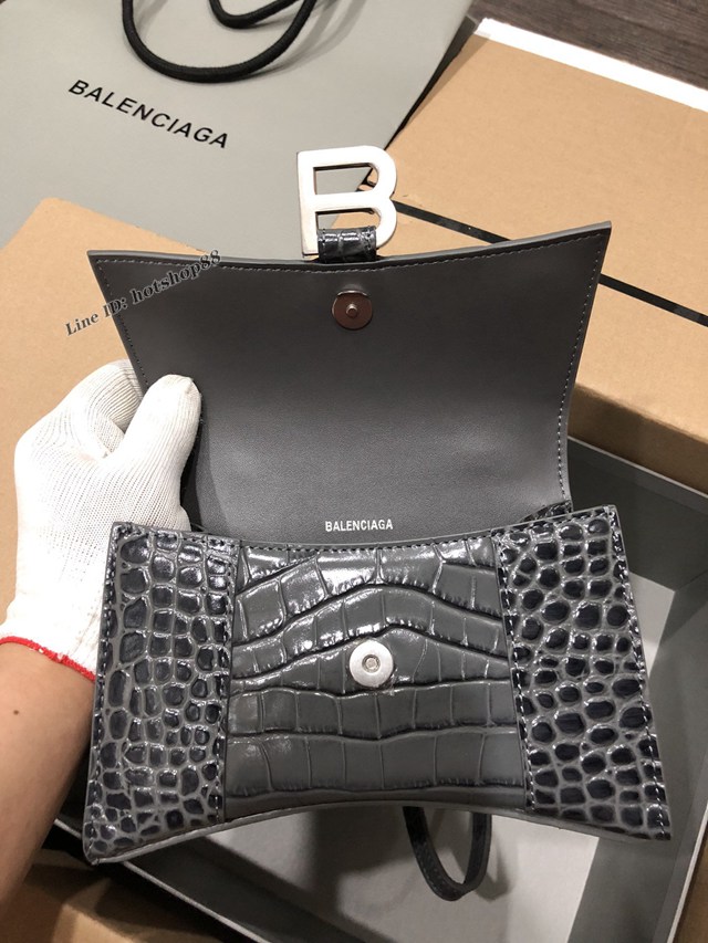 Balenciaga專櫃爆款小號手提女包 巴黎世家鱷魚深灰銀扣Hourglass沙漏包 fyj1625